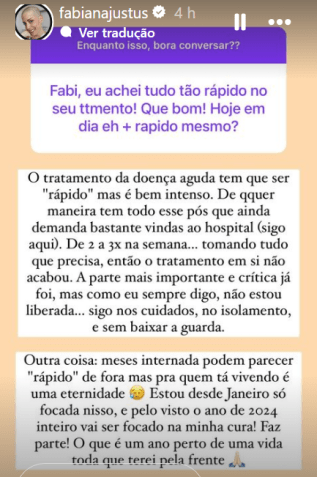 Fabiana Justus explica motivo da "rapidez" de seu tratamento / Reprodução/Instagram