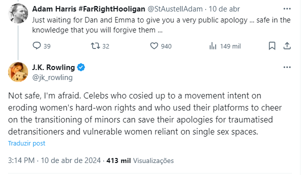 J.K. Rowling critica atores de "Harry Potter" por apoiar movimento trans. / Reprodução/ X