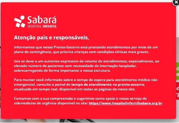 Aviso destacado no site do Hospital Sabará / Reprodução