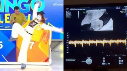 Montagem com o momento em que Virginia cai e print da realização de novo exame