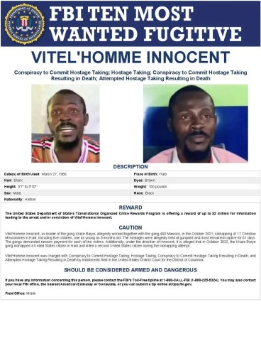 Vitel'homme Innocent, líder de gangue em Porto Príncipe, Haiti, está em os 10 mais procurados pelo FBI / FBI (Federal Bureau of Investigation)