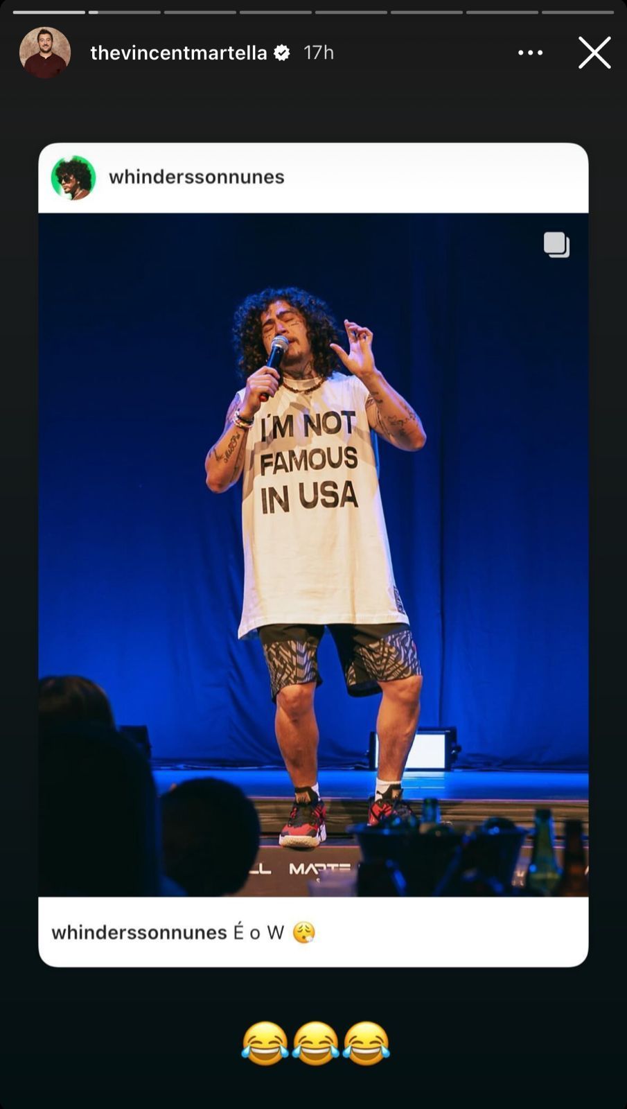 Vincent Martella compartilhou o post de Whindersson Nunes / Reprodução/Instagram