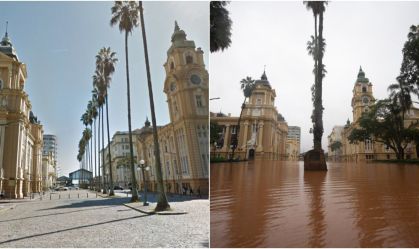 Região da Praça da Alfândega, em Porto Alegre (RS), antes e depois da enchente histórica
