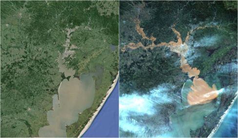 Imagens de satélite mostram o antes e depois das enchentes na Grande Porto Alegre