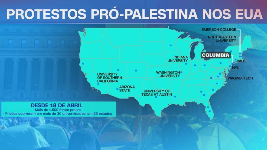 Mapa protestos pró-Palestina em universidades dos Estados Unidos / Arte/CNN Brasil