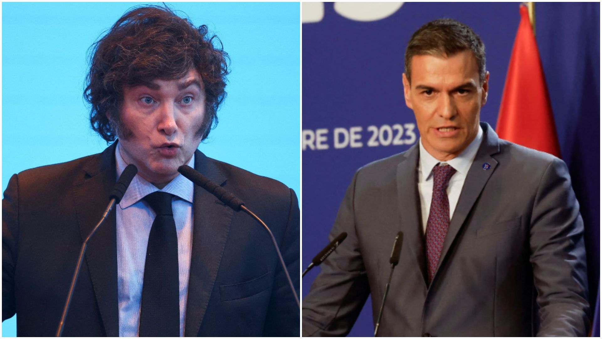 Javier Milei, presidente da Argentina, e Pedro Sánchez, primeiro-ministro da Espanha