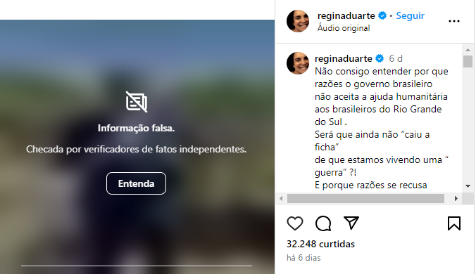 Publicação de Regina Duarte no Instagram com notificação de informação falsa. Reprodução / Instagram