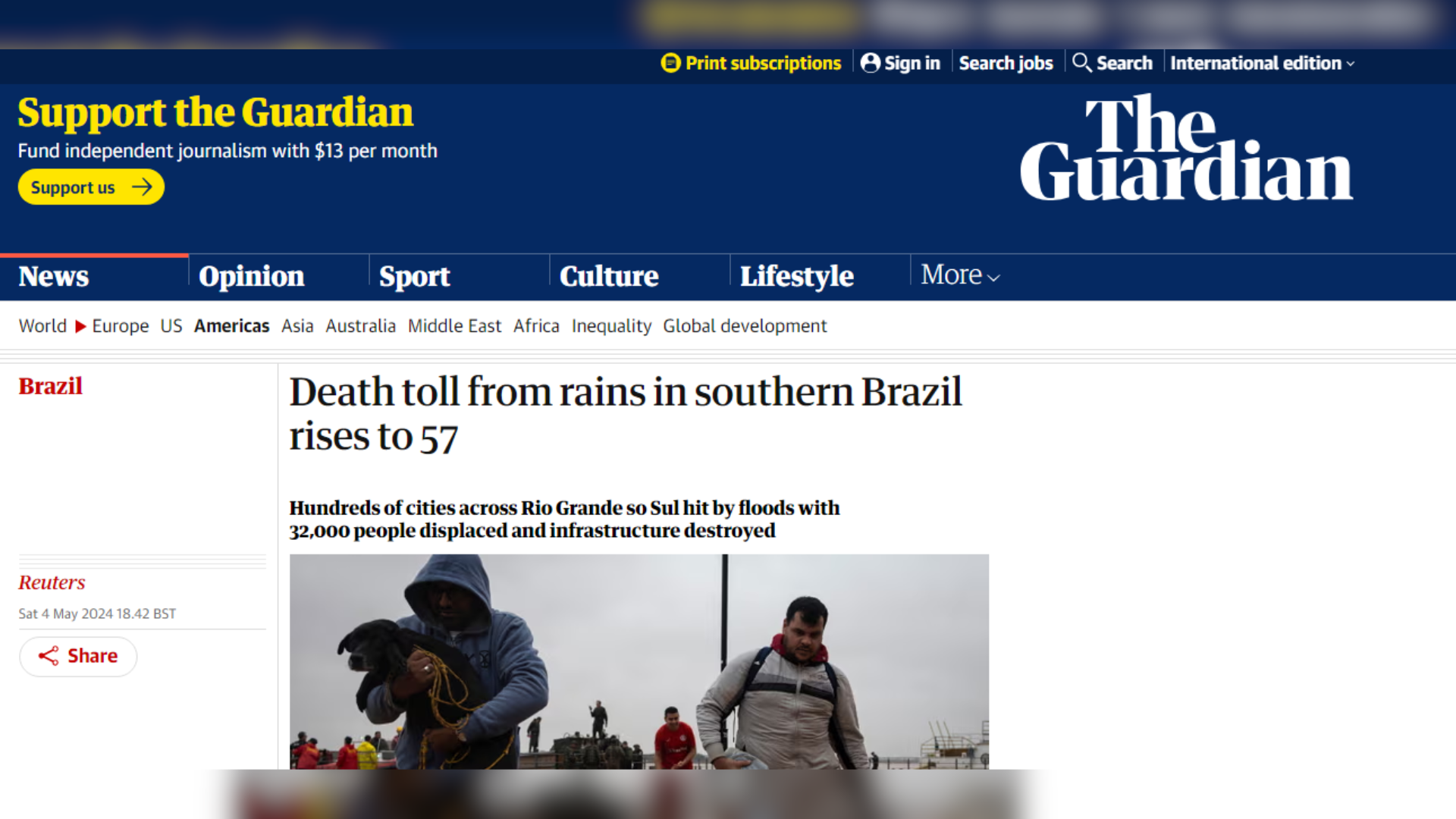 The Guardian repercute enchentes no Rio Grande do Sul