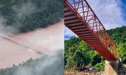 Vídeo: ponte reconstruída por moradores resiste às fortes chuvas que atingem o RS