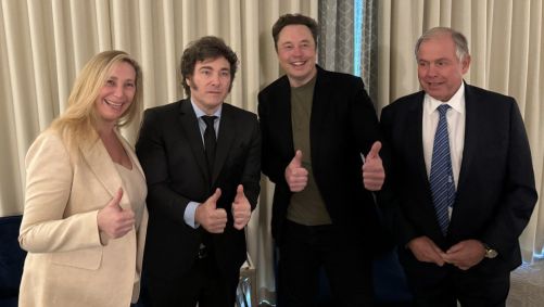 Karina Milei, Javier Milei e Elon Musk durante encontro em Los Angeles