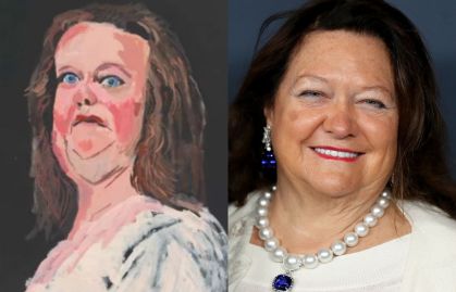 Gina Rinehart (à dir.) e seu retrato, feito pelo artista Vincent Namatjira