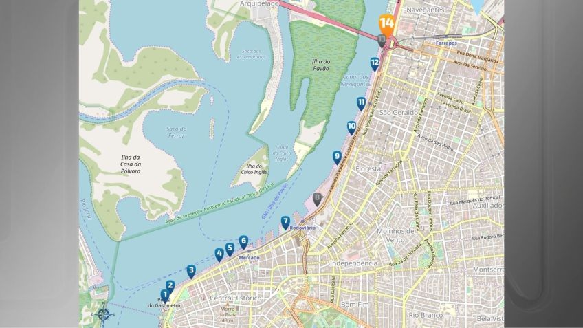 Localização das 14 comportas localizadas ao longo do Muro da Mauá, em Porto Alegre (RS) / Divulgação/Prefeitura de Porto Alegre