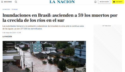 La Nacion repercute enchentes no Rio Grande do Sul