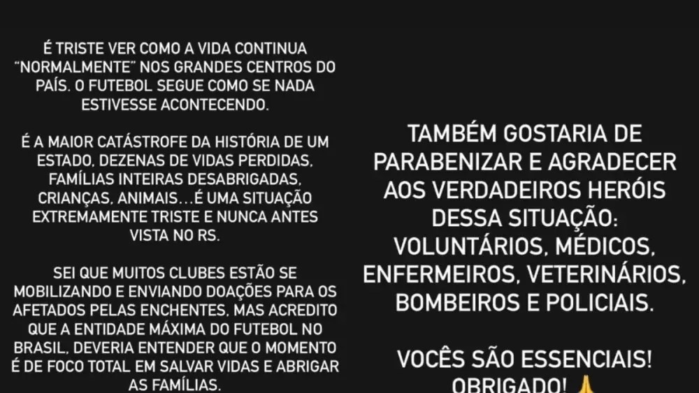 Desabafo do goleiro Agustín Marchesin nas redes sociais / Reprodução / Instagram