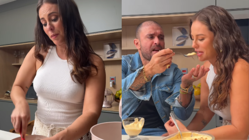 Paolla Oliveira e Diogo Nogueira comem doce português Baba de Camelo