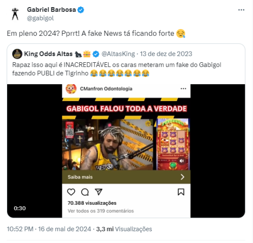 Publicação de Gabigol com referência à fake news / Reprodução / X