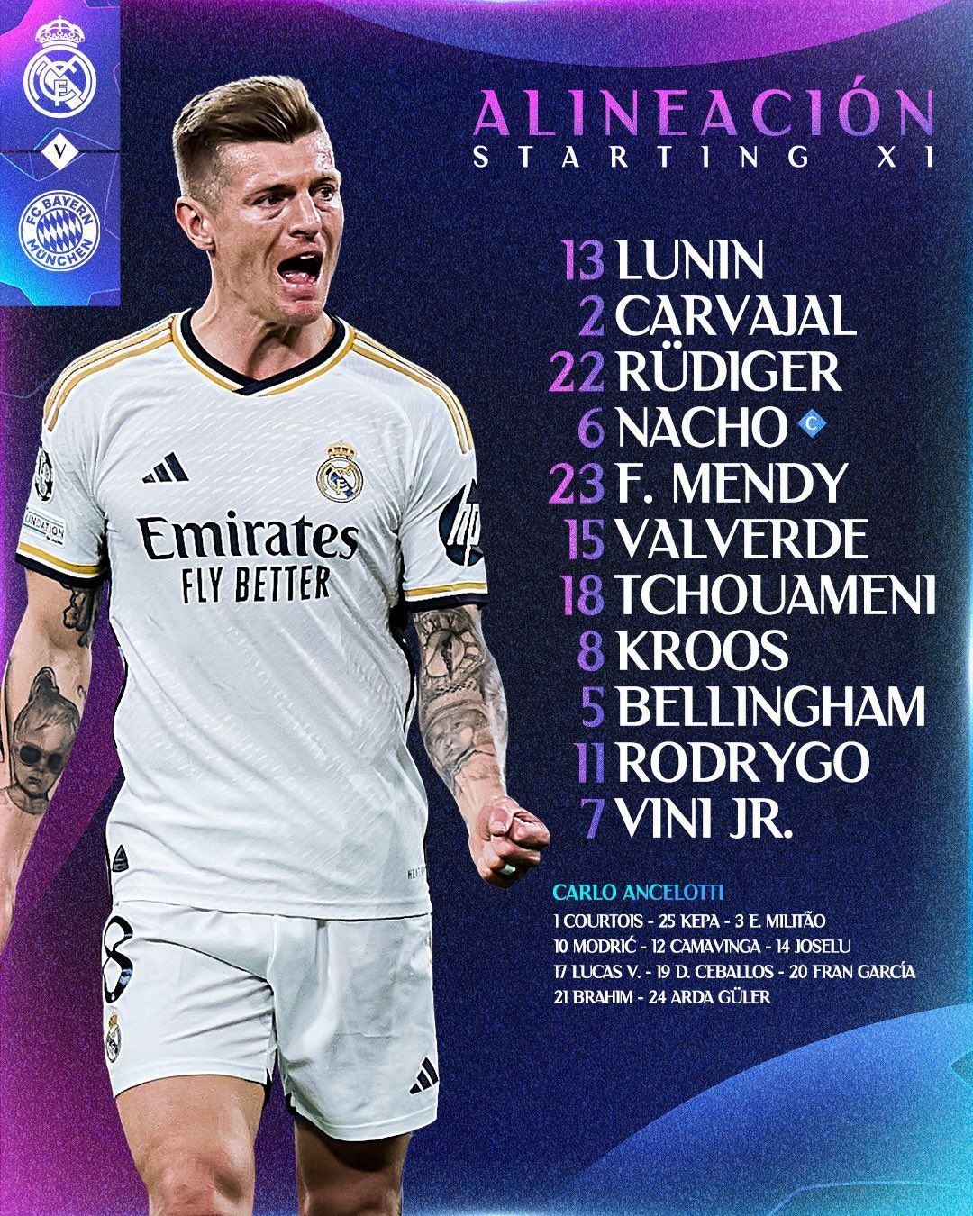 Real Madrid definido para o segundo jogo da semifinal da Champions League contra o Bayern de Munique / Divulgação/Twitter