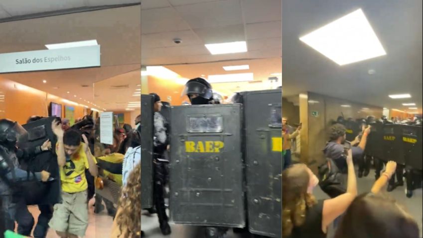 Confusão entre manifestantes e policiais militares na Alesp / Reprodução/X