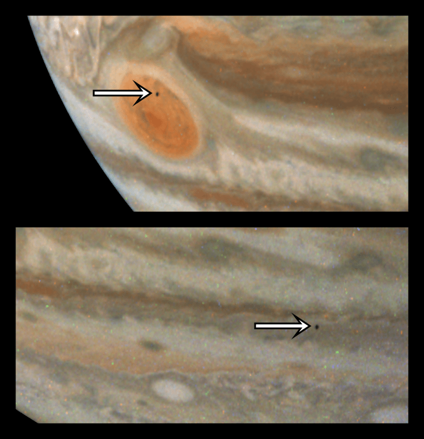 Vislumbre mostra a lua Amalteia transitando pela Grande Mancha Vermelha de Júpiter / NASA/JPL-Caltech/SwRI/MSSS. Processamento de imagem por Gerald Eichstädt