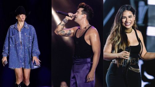 Montagem com três fotos da cantora Ana Castela, do cantor Luan Santana e da cantora Simone Mendes