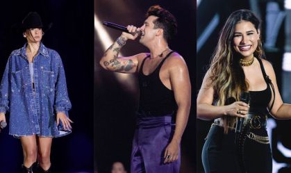 Montagem com três fotos da cantora Ana Castela, do cantor Luan Santana e da cantora Simone Mendes