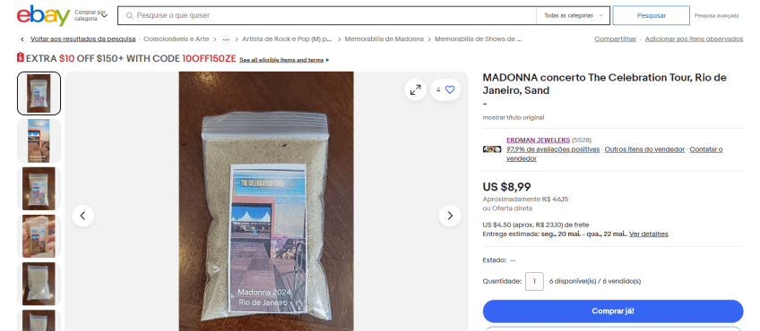 Areia da praia de Copacabana está sendo comercializada em um site após o show de Madonna / Reprodução/ebay