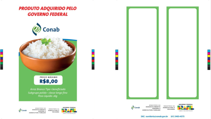 Frente e verso da embalagem do arroz comprado pelo governo federal para fazer frente à queda da produção no Rio Grande do Sul / Divulgação
