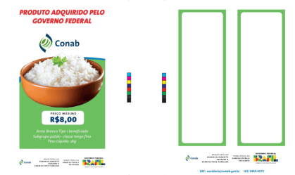 Frente e verso da embalagem do arroz comprado pelo governo federal para fazer frente à queda da produção no Rio Grande do Sul