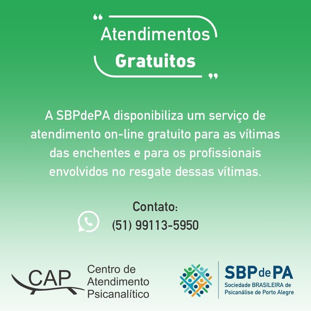 A Sociedade Brasileira de Psicanálise de Porto Alegre está oferecendo atendimento gratuito às vítimas das enchentes no RS / Reprodução/Redes Sociais