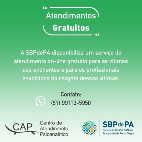 A Sociedade Brasileira de Psicanálise de Porto Alegre está oferecendo atendimento gratuito às vítimas das enchentes no RS / Reprodução/Redes Sociais
