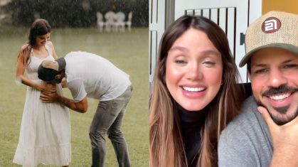Montagem com duas fotos do casal formado pelo cantor Sorocaba e pela influencer Biah Rodrigues