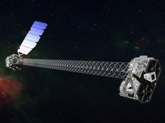 O telescópio NuSTAR da Nasa, baseado no espaço e visto aqui em uma representação artística, foi usado pela primeira vez para detectar a "região de mergulho" ao redor de um buraco negro (crédito: Nasa/JPL-Caltech)