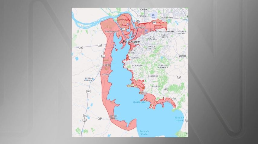 Áreas em vermelho que devem ser afetadas pela cheia do Guaíba, em Porto Alegre / Defesa Civil do RS