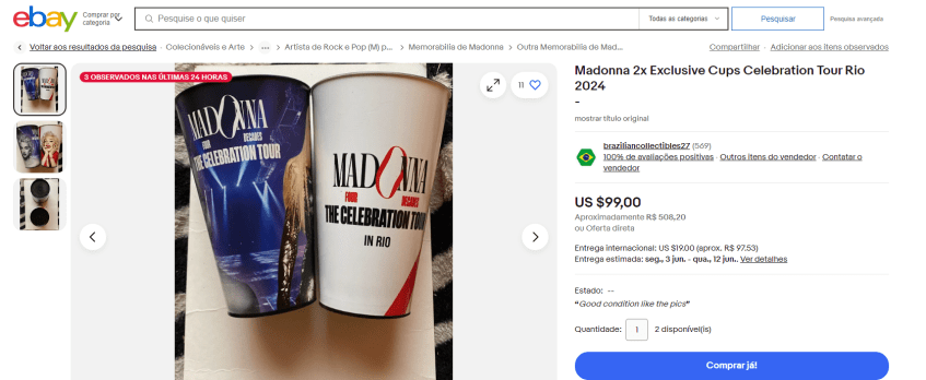 Copos da "The Celebration Tour" no Rio estão à venda em um site / Reprodução/ebay