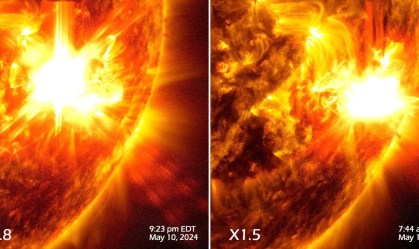 O Observatório Solar da Nasa capturou duas explosões solares em 10 e 11 de maio de 2024. A imagem mostra um conjunto de luz ultravioleta que destaca o material extremamente quente do fenômeno