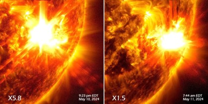 O Observatório Solar da Nasa capturou duas explosões solares em 10 e 11 de maio de 2024. A imagem mostra um conjunto de luz ultravioleta que destaca o material extremamente quente do fenômeno