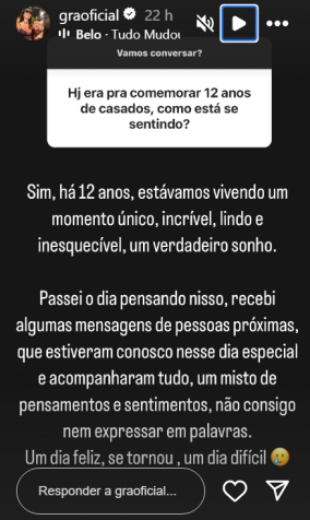 Gracyanne Barbosa desabafa ao lembrar data em que celebraria 12 anos de casado com Belo / Reprodução/Instagram