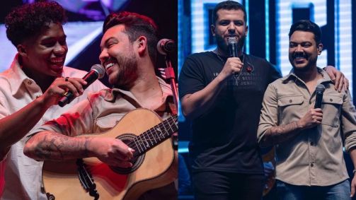 Montagem com fotos do jogador Endrick com o cantor Gilmar e da dupla sertaneja Ícaro e Gilmar