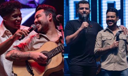 Montagem com fotos do jogador Endrick com o cantor Gilmar e da dupla sertaneja Ícaro e Gilmar