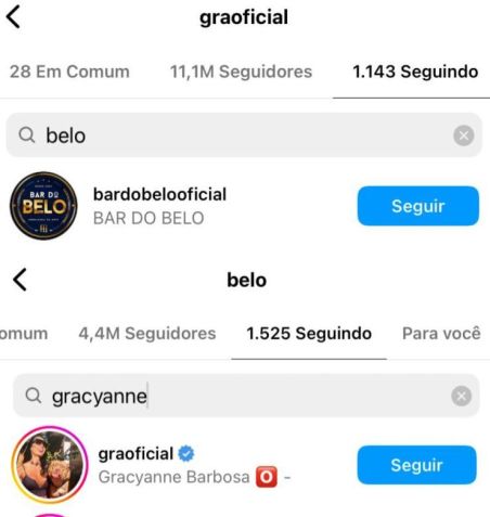 Gracyanne não está mais seguindo Belo no Instagram, mas o cantor ainda segue a ex-esposa / Reprodução/Redes Sociais
