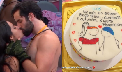 Ex-BBBs Isabelle e Matteus ganham bolo comemorando um mês de beijo
