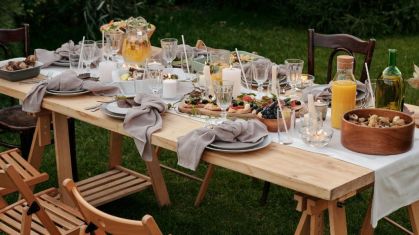 Mesa de jantar ao ar livre, refeição, comida