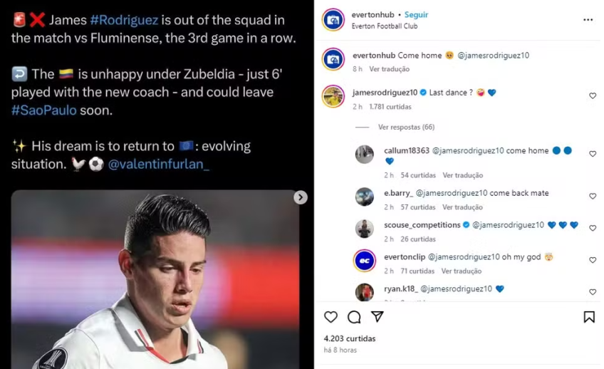 James insinua volta ao Everton, da Inglaterra / Divulgação/Instagram/@evertonhub