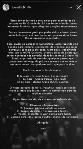 Louis Tomlinson realizou campanha para ajudar os afetados pela chuva no RS / Reprodução/Instagram
