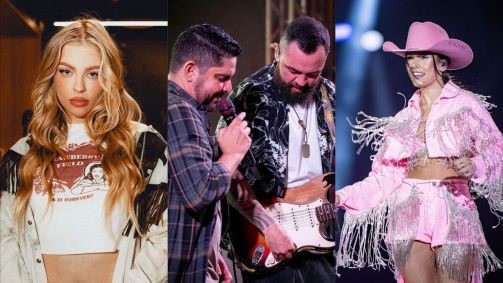 Montagem com foto da cantora Luísa Sonza, da dupla Jorge e Mateus e da cantora Ana Castela
