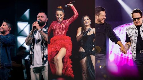 Montagem com fotos da dupla Jorge e Mateus, Maiara e Maraisa e Bruno e Marrone