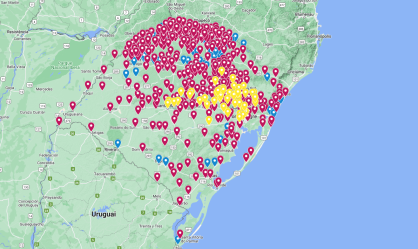 Mapa mostra dimensão da tragédia no RS: pontos em vermelho representam cidades afetas; em amarelo, locais com mortes confirmadas; os pontos azuis mostram as áreas não afetadas