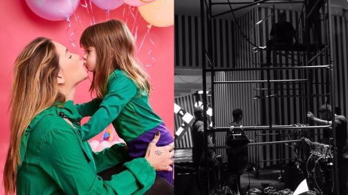 Montagem com fotos de Virginia com filha e de estrutura do aniversário da menina
