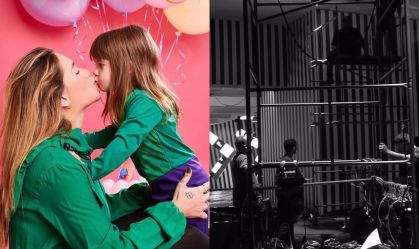 Montagem com fotos de Virginia com filha e de estrutura do aniversário da menina