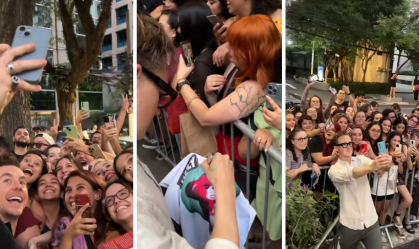 McFly no Brasil: integrantes tiram fotos com fãs na porta do hotel